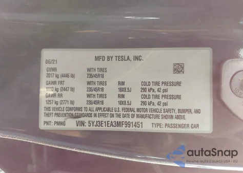 2021 Tesla Model 3 Standard Range Plus Rear-Wheel Drive из США, поврежденный, VIN 5YJ3E1EA3MF991451